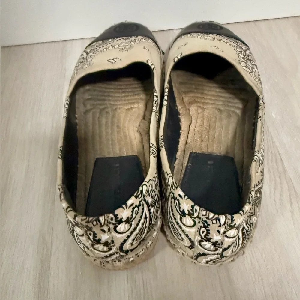 Tory Burch Womens Bandana Print Leather Espadrille Flats Tan Black Size 7.5